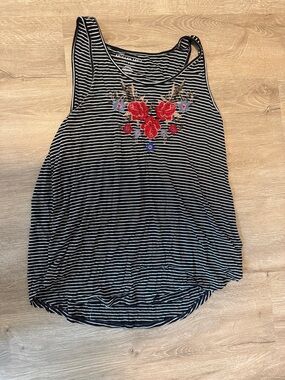 American Eagle Outfitters Black & White Striped Tank with Red Floral Embroidery